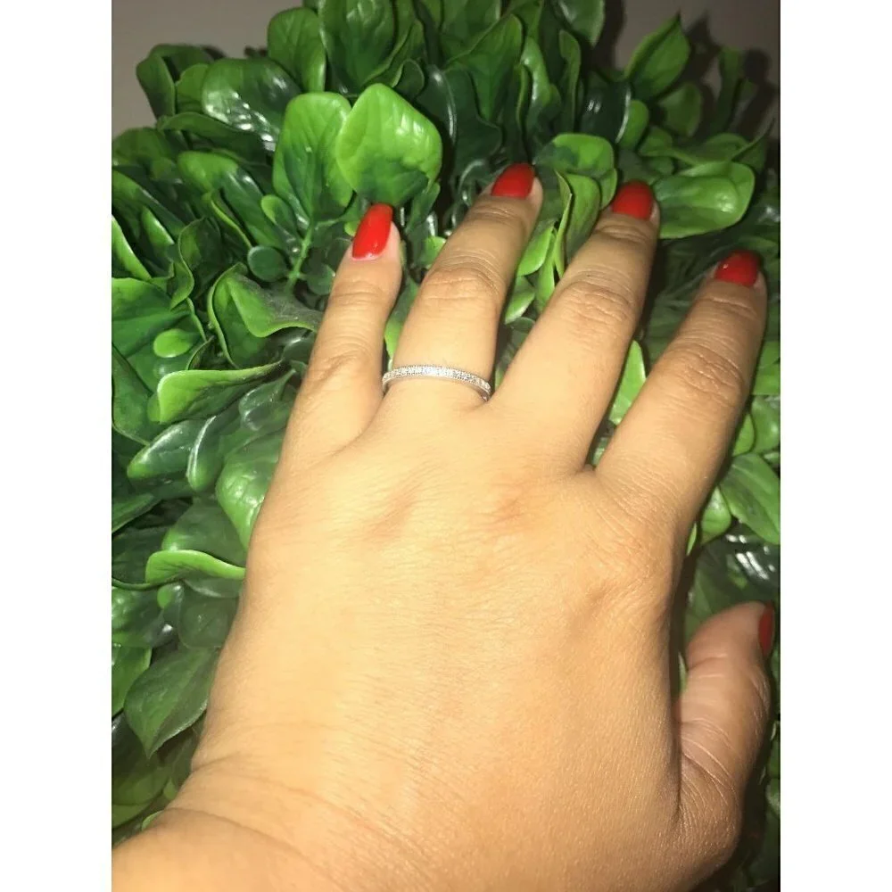 𝅺.925 Sterling Silver Platinum Plated Simulated Diamond 2mm Ring Elegant Band CZ - Picture 11 of 13